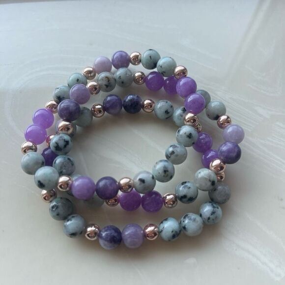 Lepidolite kiwi jasper rose gold tone ONE NEW stretch bracelet crystal stone med - Picture 3 of 10